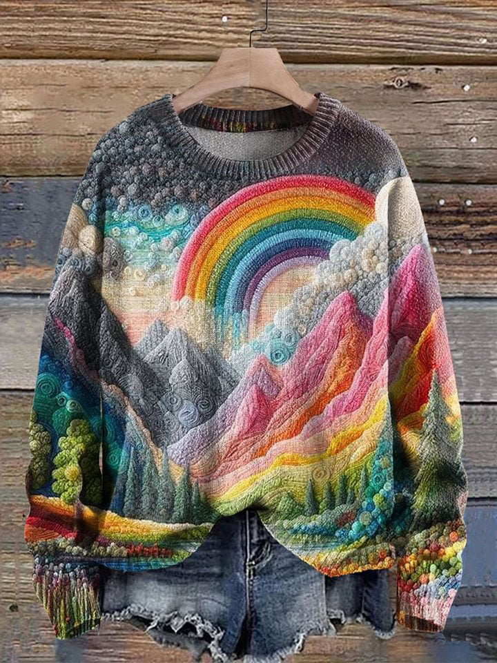 Women's Rainbow Landscape Pattern Print Knit Pullover Sweater