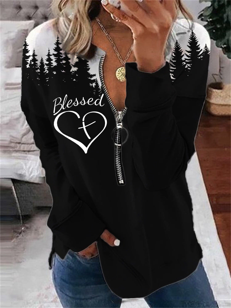Heart shaped pattern round neck half zipper long sleeved sweatshirt