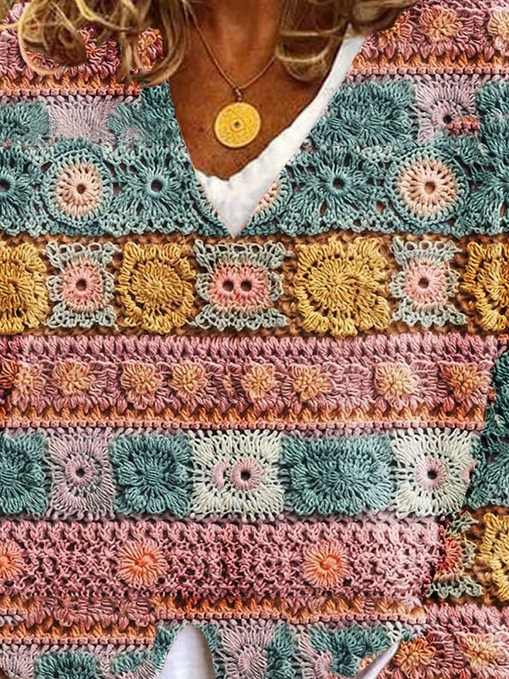 Flower Pattern Art Print Buttoned V-neck Cardigan Sweater