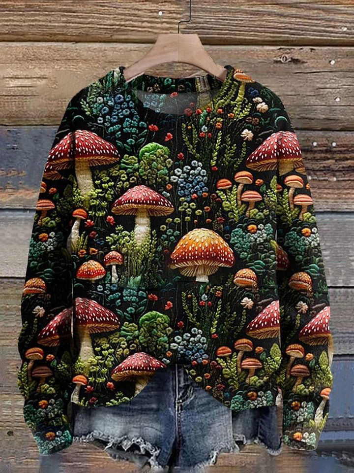 Retro Mushroom Art Print Knit Pullover Sweater