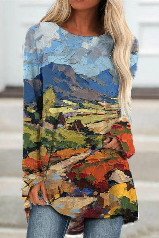 Oils Landscape Print Boat Neck Long Sleeves Sweatshirt