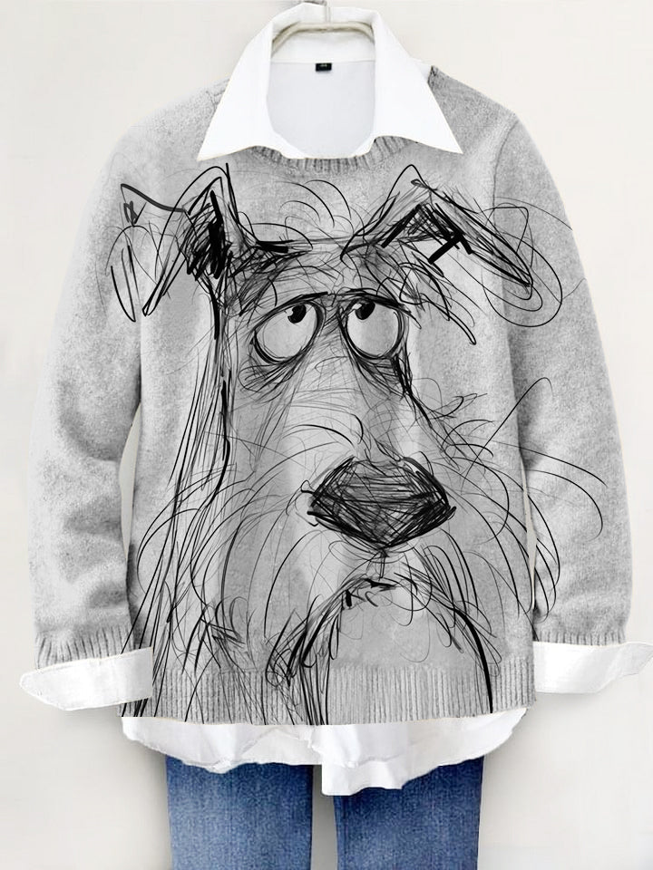 Cute Dog Hand-painted Art Print Knit Pullover Sweater