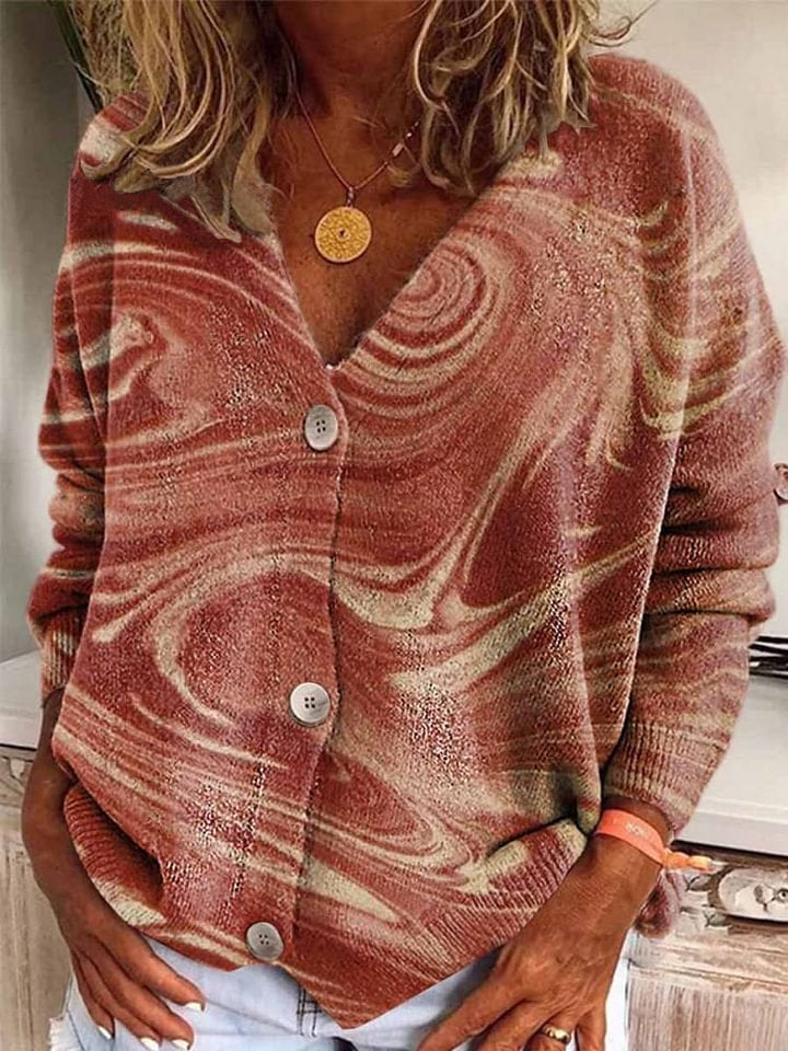 Women's V Neck Abstract Print Long Sleeve Button Casual Cardigan