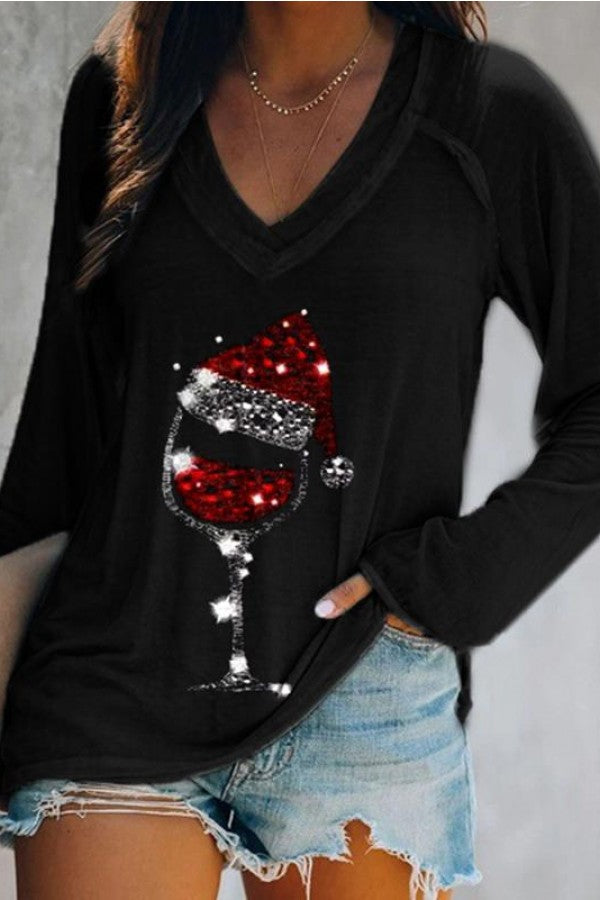 Christmas Wine Glass Print V-neck Sweatshirt
