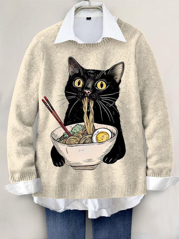 Nooddle Black Cat Art Print Knit Pullover Sweater