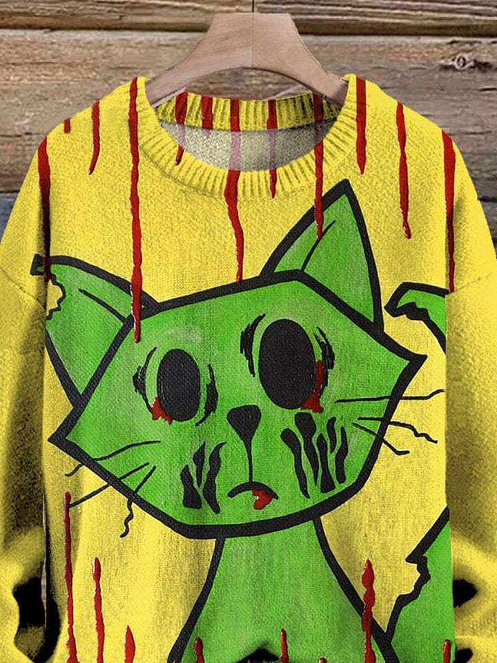 Halloween Cartoon Zombie Cat Graphic Printed Knit Pullover Sweater
