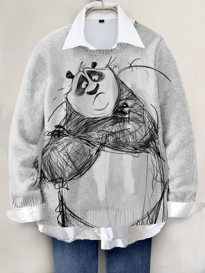 Cute Panda Hand-painted Art Print Knit Pullover Sweater