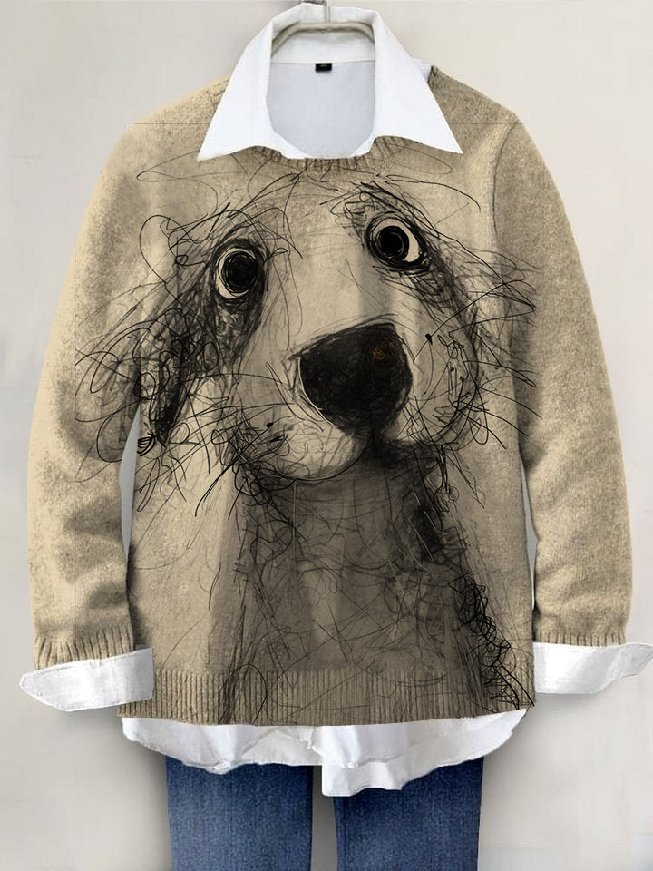 Cute Dog Hand-painted Art Print Knit Pullover Sweater