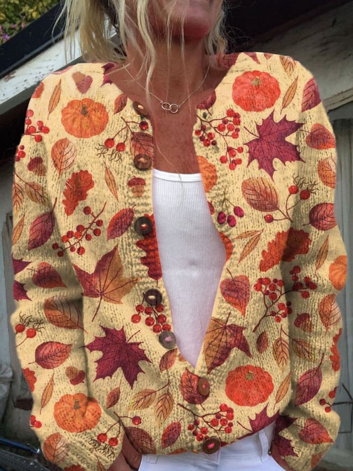 Women's Vintage Autumn Floral Art Print Buttoned Cardigan Sweater