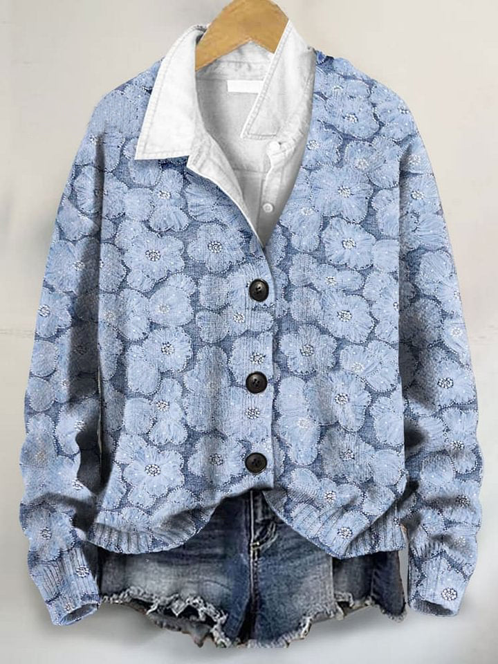 Lovely Lace Floral 3D Art Print Buttoned V-neck Cardigan Sweater