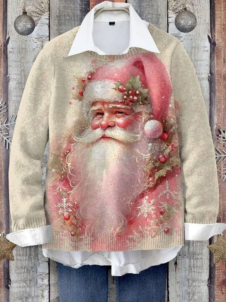 Vintage Christmas Santa Art Print Knit Pullover Sweater