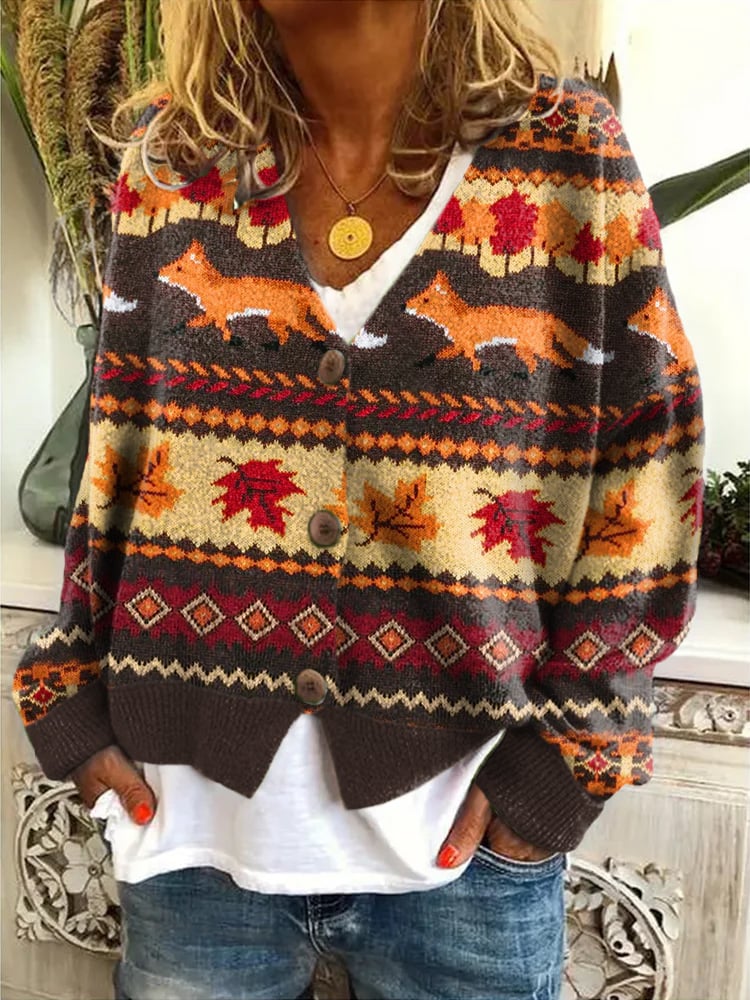 Women's The Fox And Foliage Print Long Sleeve Cardigan