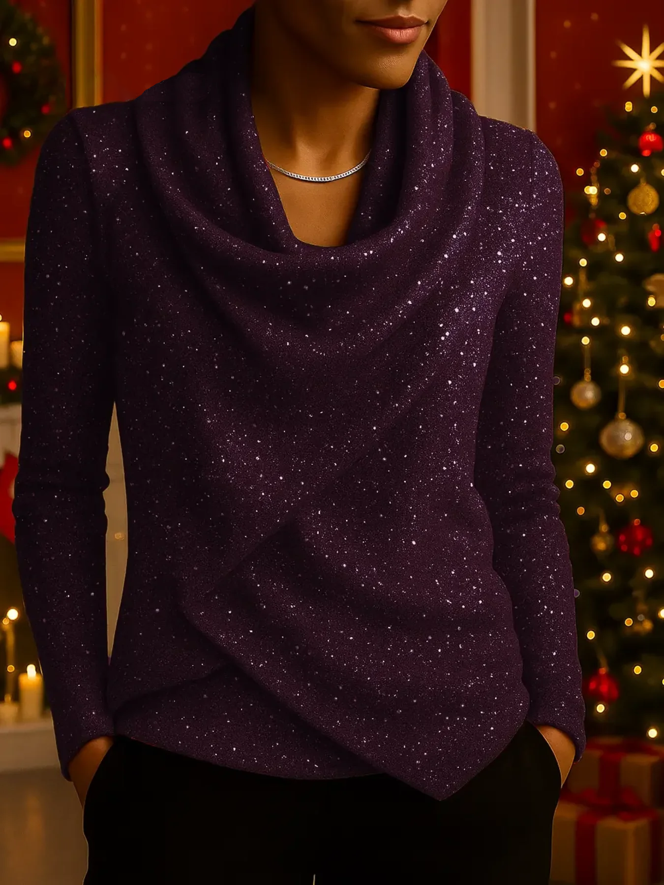 Women's Long Sleeve Sparkling Knit Top with Relaxed Swing Neckline