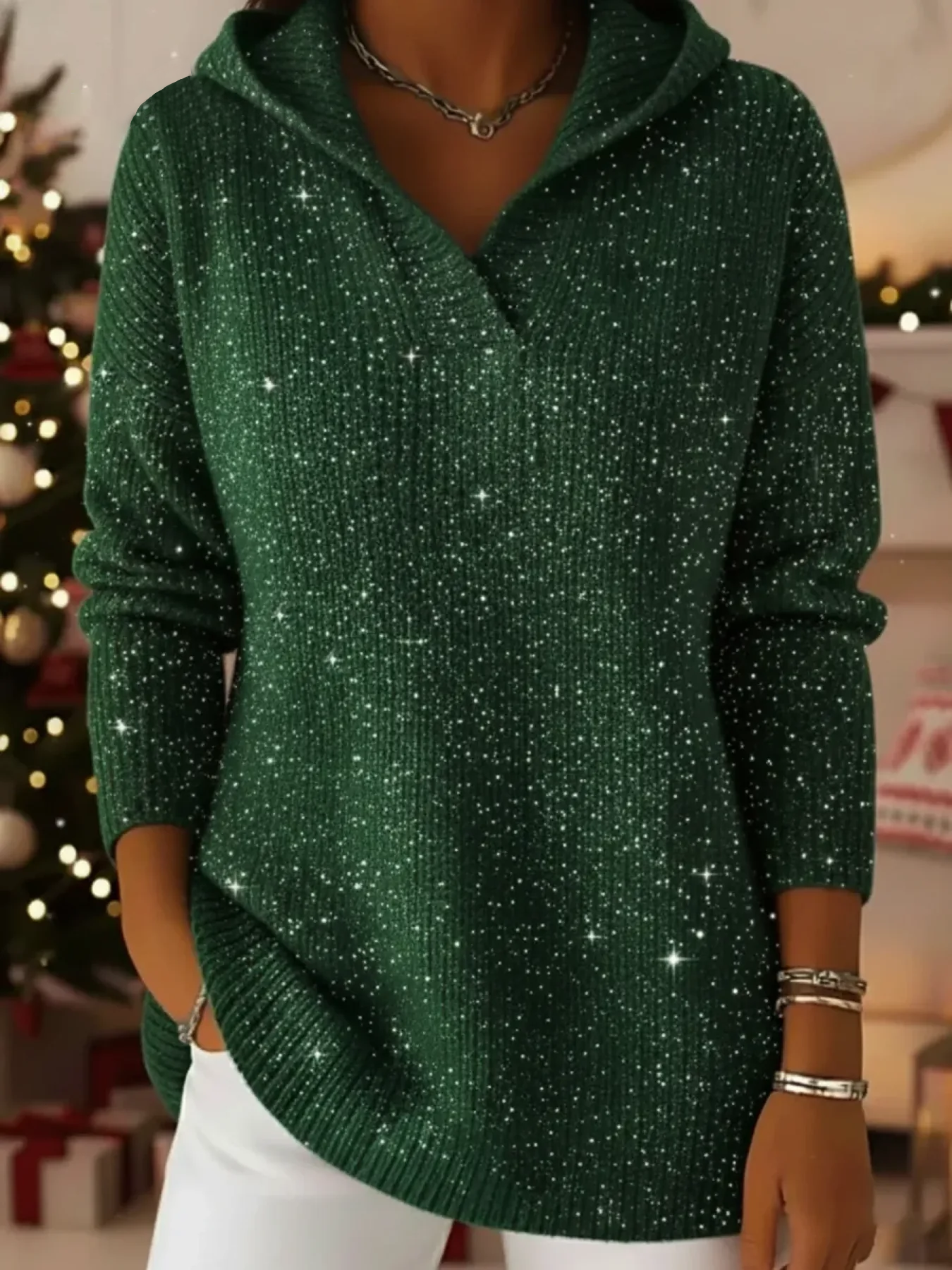 Women's Glittery Hooded Knitted Pullover Sweater