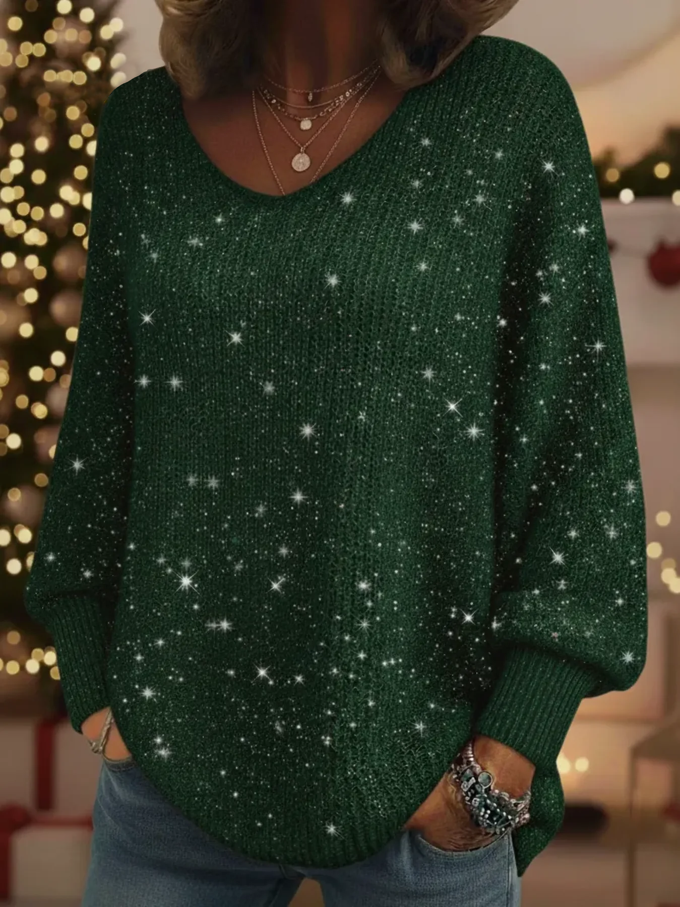 Festive Glitter V-Neck Knit Sweater with Comfy Lantern Sleeves