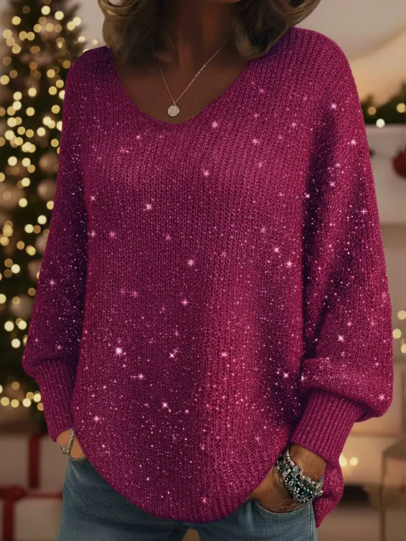 Festive Glitter V-Neck Knit Sweater with Comfy Lantern Sleeves