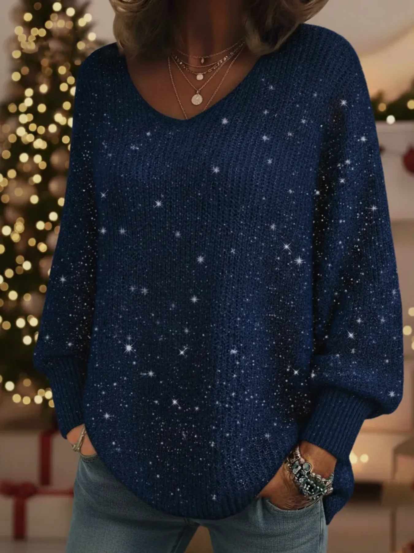 Festive Glitter V-Neck Knit Sweater with Comfy Lantern Sleeves