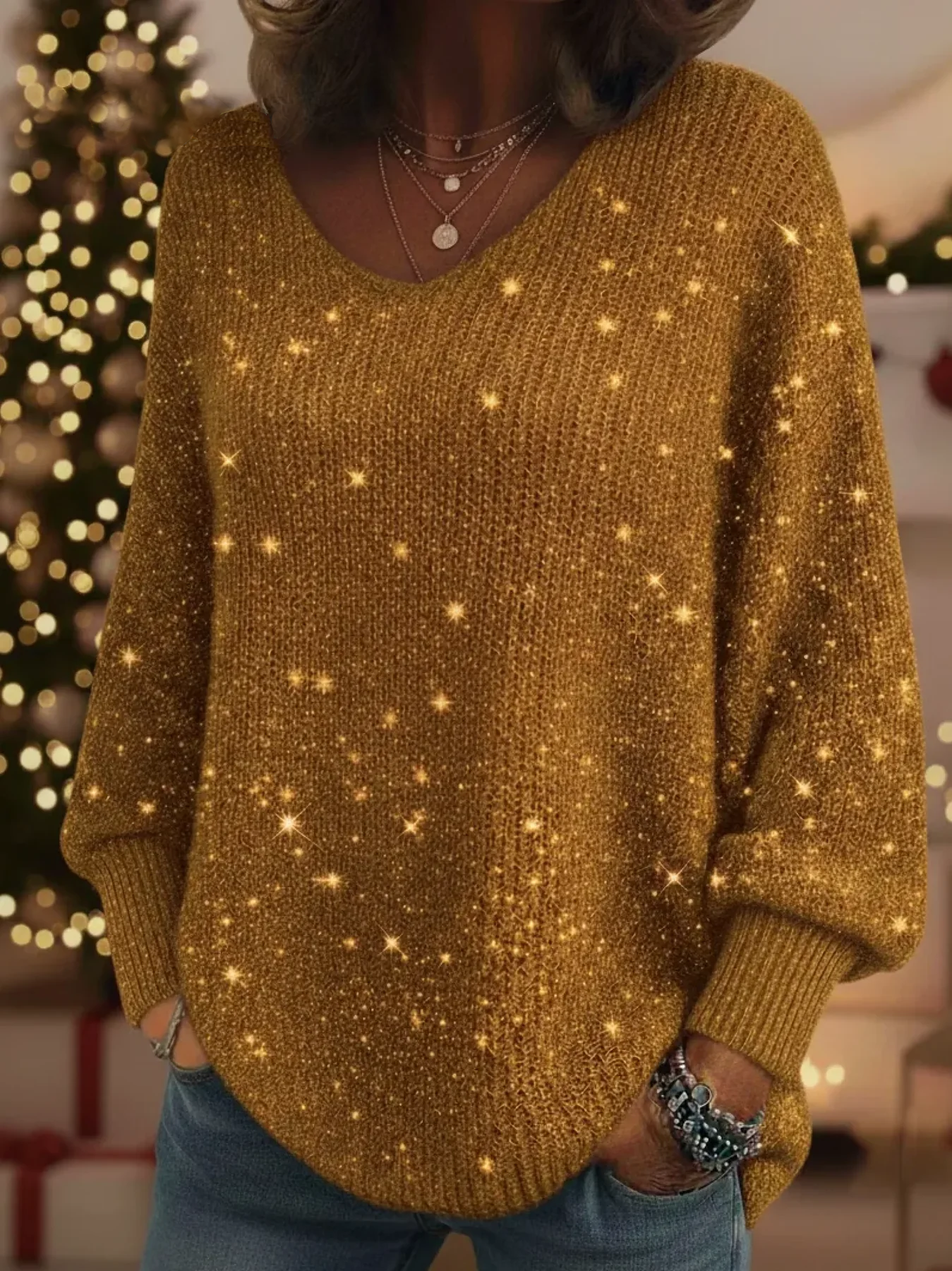 Festive Glitter V-Neck Knit Sweater with Comfy Lantern Sleeves