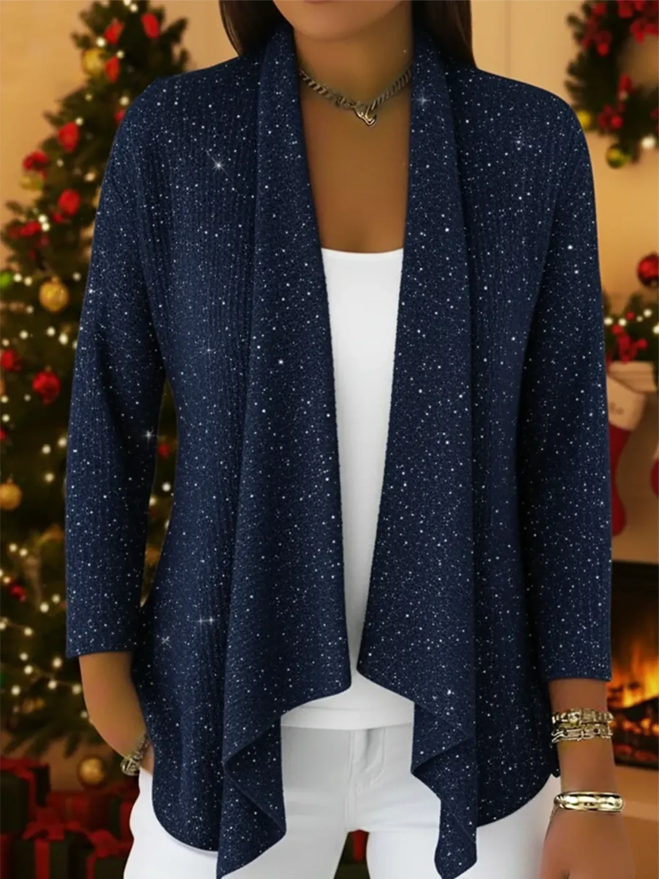 Vintage-inspired Sparkly Knit Cardigan with Asymmetrical Hem