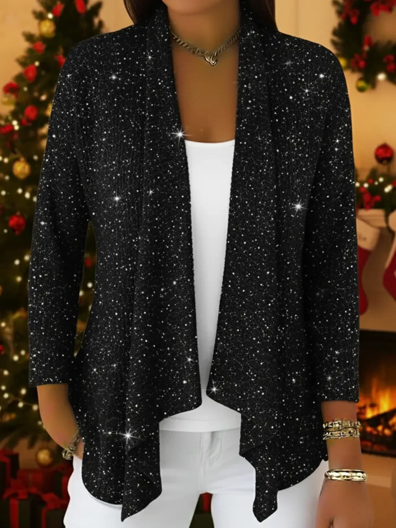 Vintage-inspired Sparkly Knit Cardigan with Asymmetrical Hem