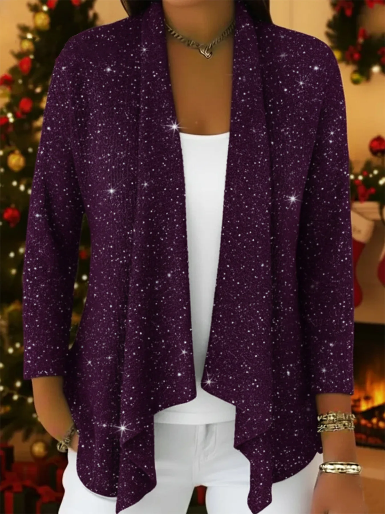 Vintage-inspired Sparkly Knit Cardigan with Asymmetrical Hem