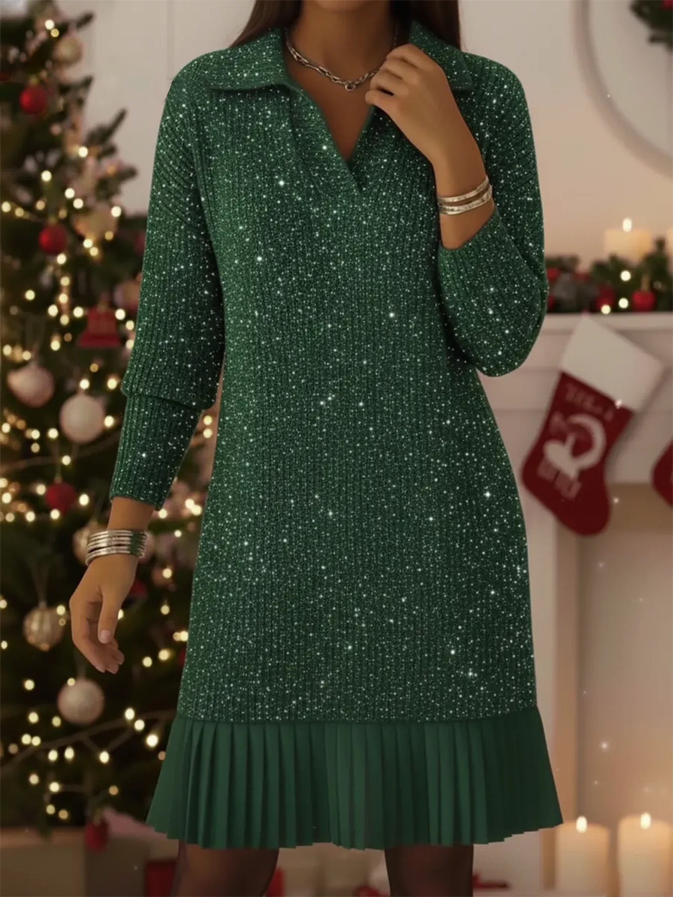 Chic Shimmer Knit Dress Featuring a Refined Polo Neck