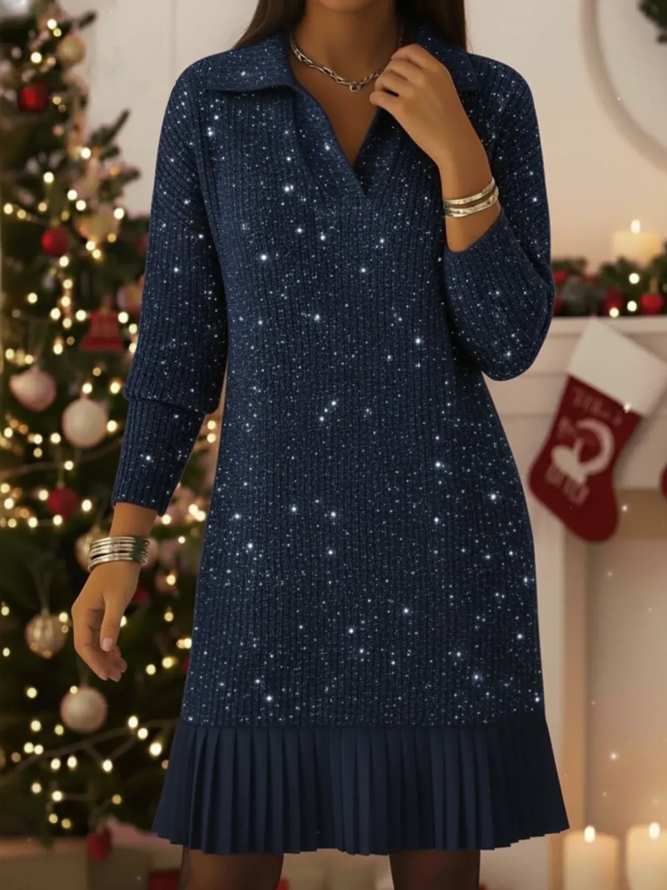 Chic Shimmer Knit Dress Featuring a Refined Polo Neck