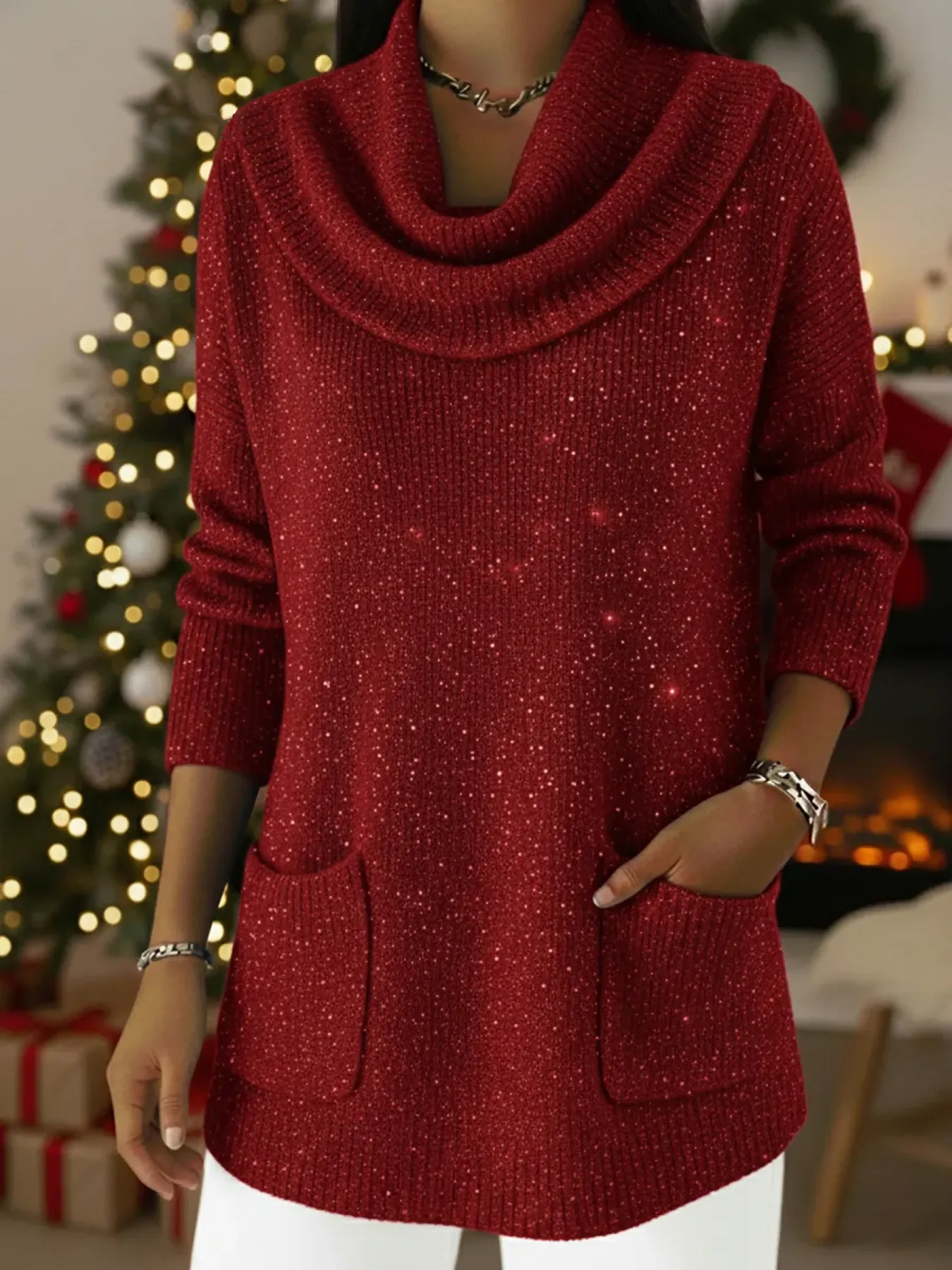 Holiday Chic Shimmer Knit Sweater with a Graceful Cowl Neck