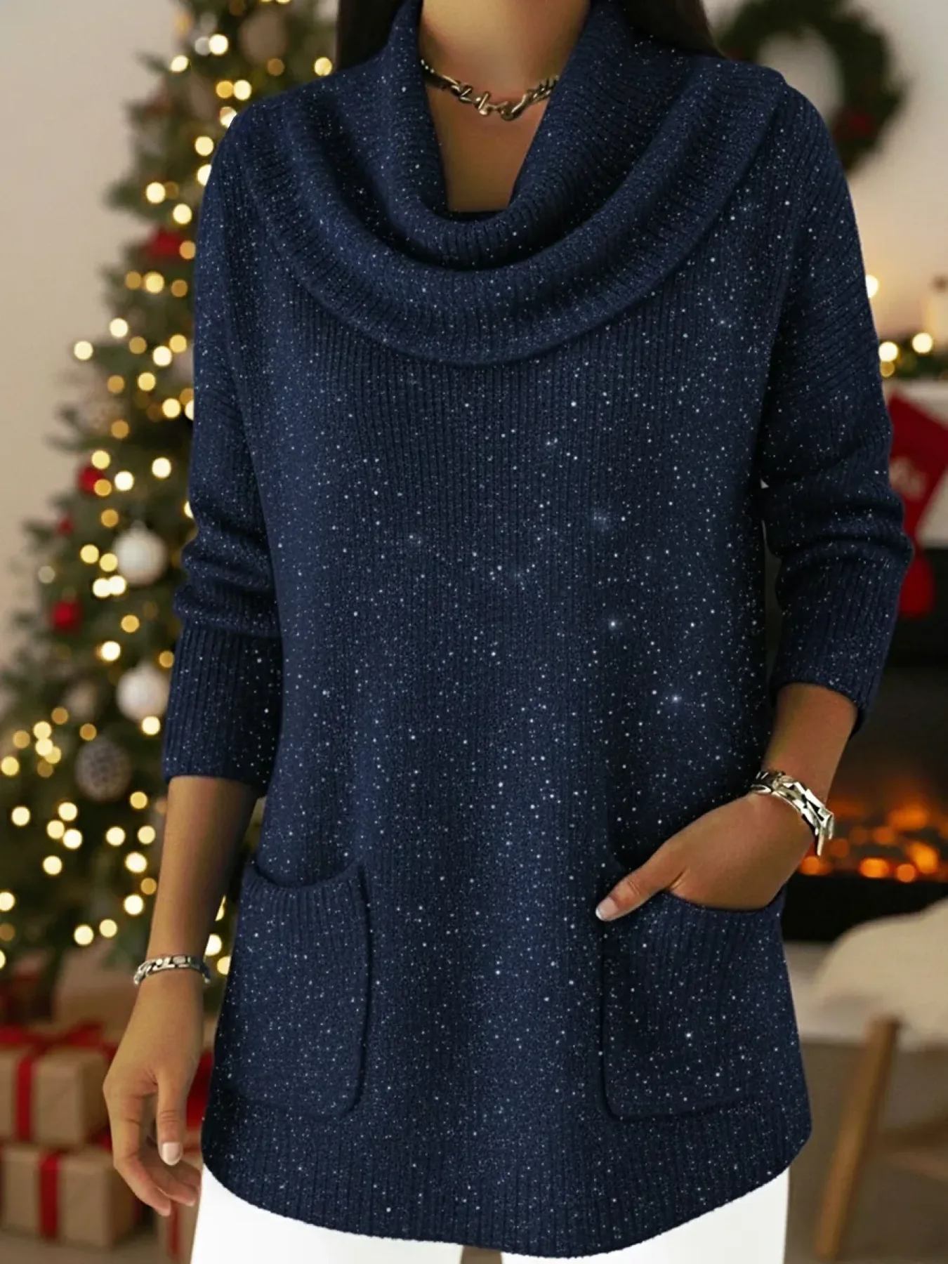Holiday Chic Shimmer Knit Sweater with a Graceful Cowl Neck