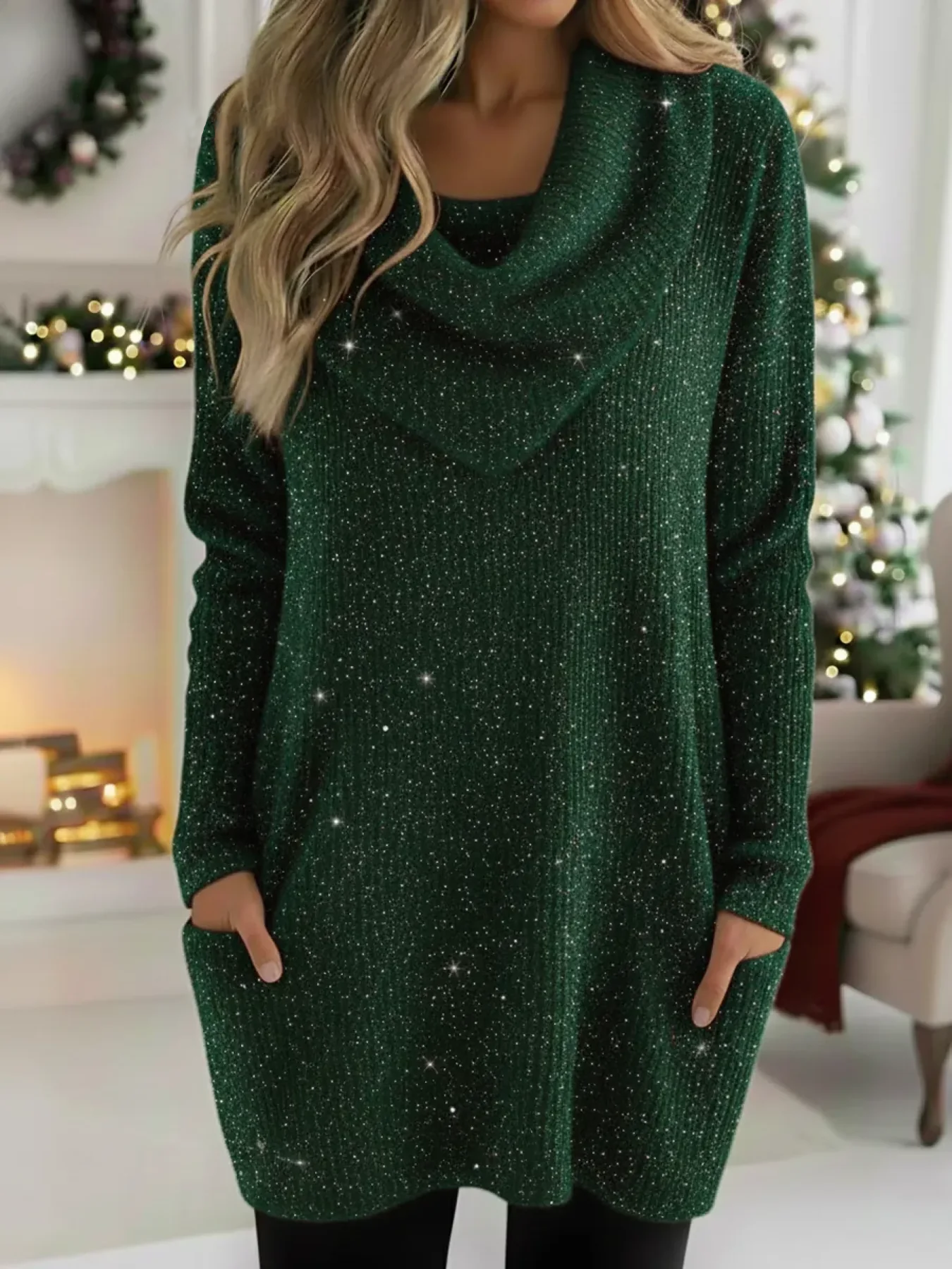 Vintage Christmas Shimmer Sweater with a Cozy Cowl Collar
