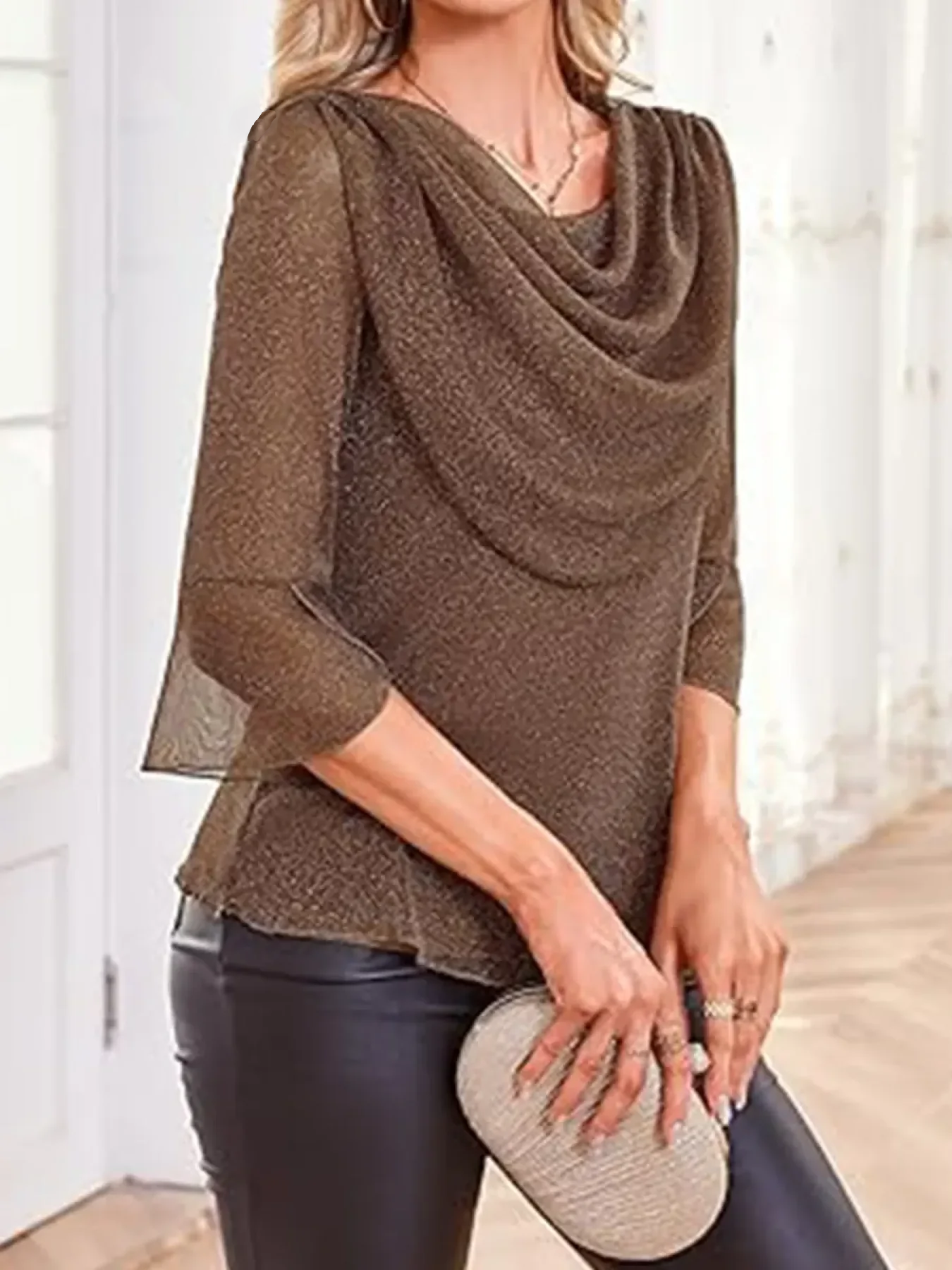 Women's Festive Sparkling Top with an Elegant Draped Neckline