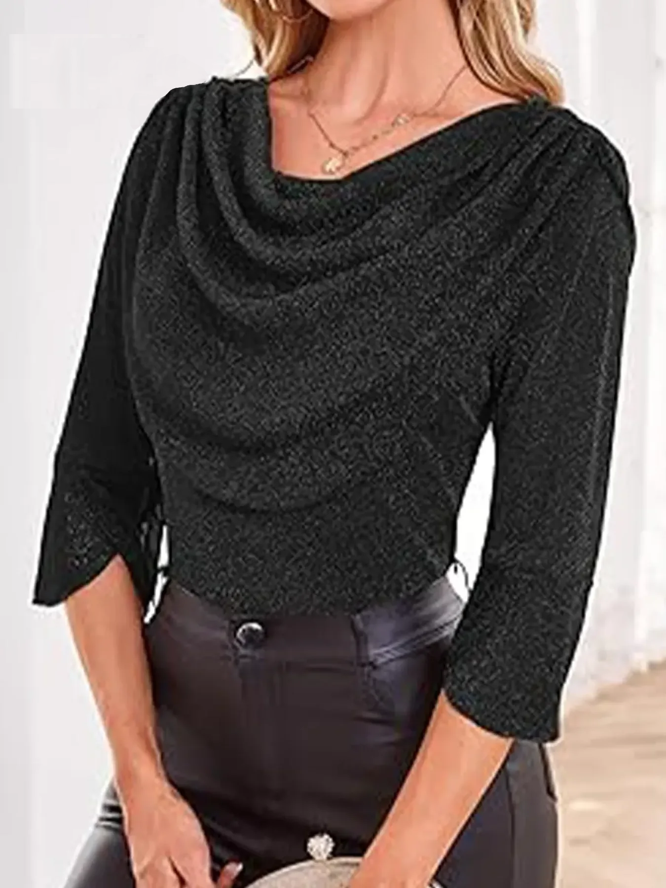 Women's Festive Sparkling Top with an Elegant Draped Neckline
