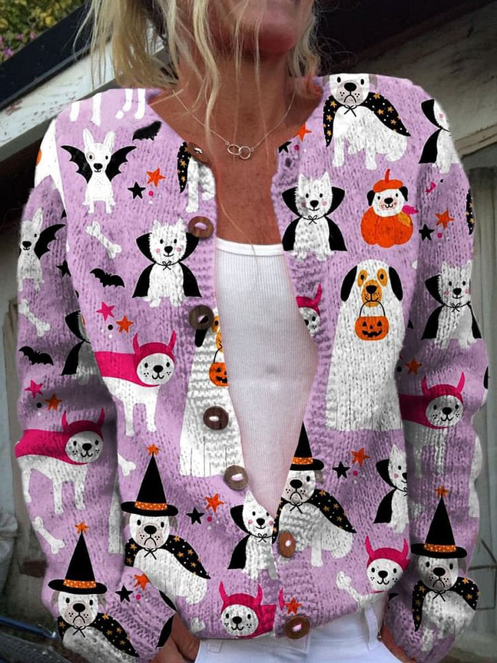 Dog Art Print Buttoned Cardigan Sweater