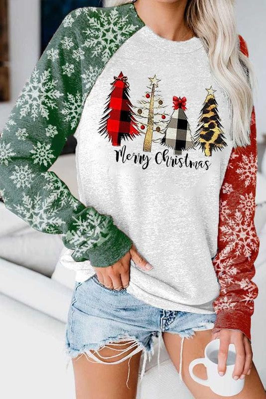 Merry Christmas Plaid Tree Print Patchwork Sweatshirt