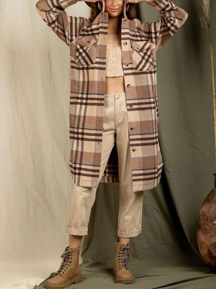 Stylish Lapel Big Pocket Long Sleeve Plaid Jacket Cardigan