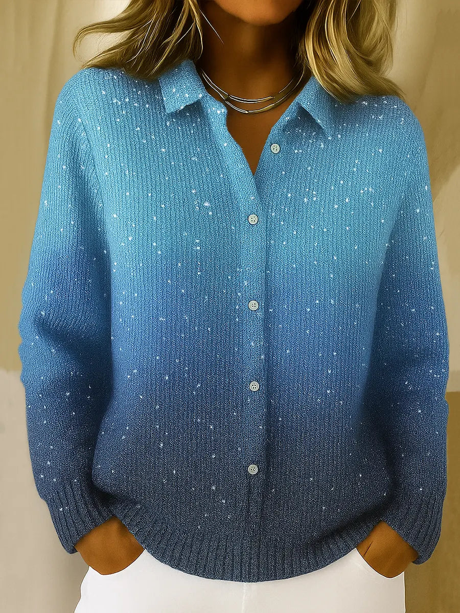 Women's Gradient Print Collared Long Sleeve Casual Loose Sequined Knit Cardigan