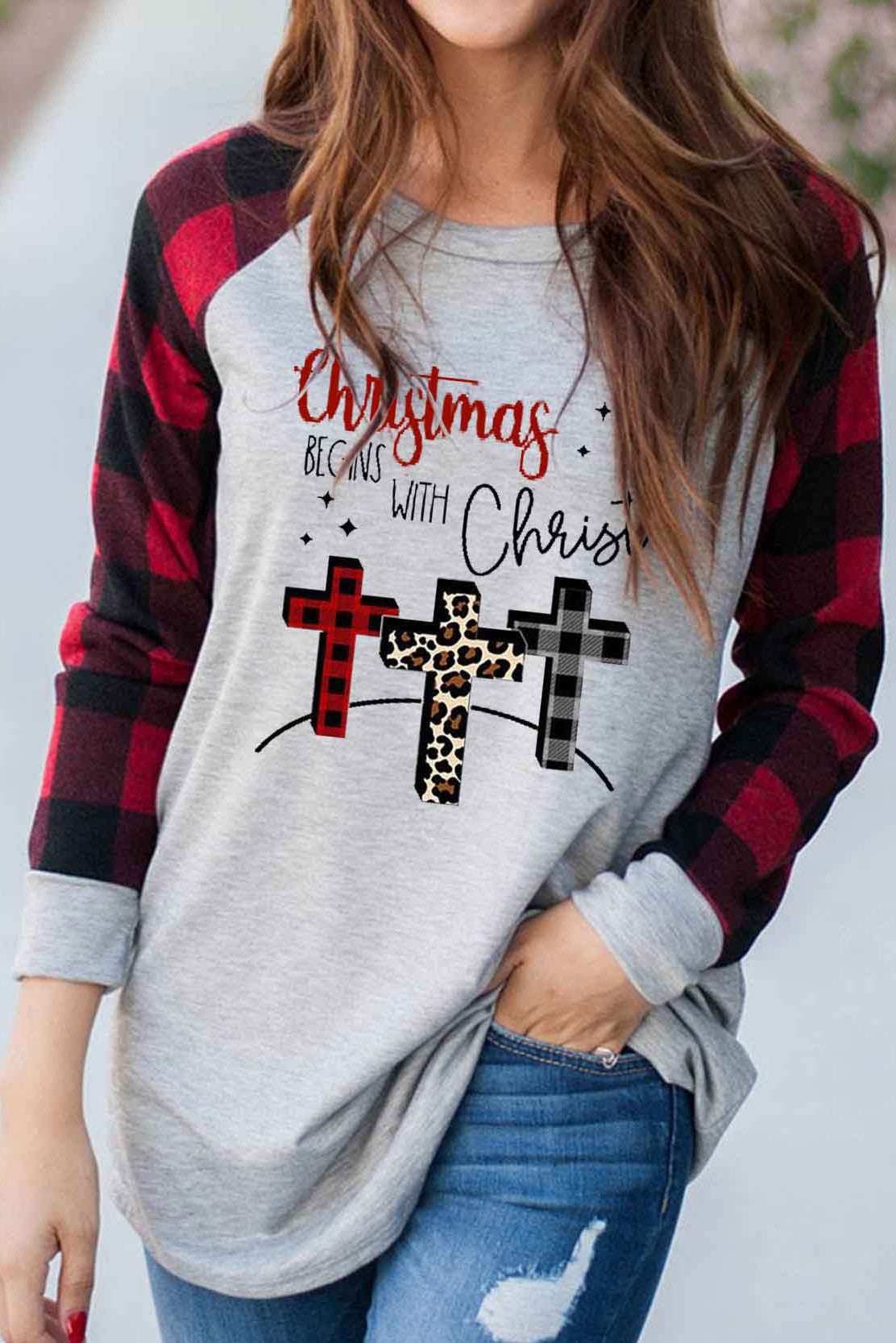 Christmas Begins with Christ Cross Print Casual Sweatshirt