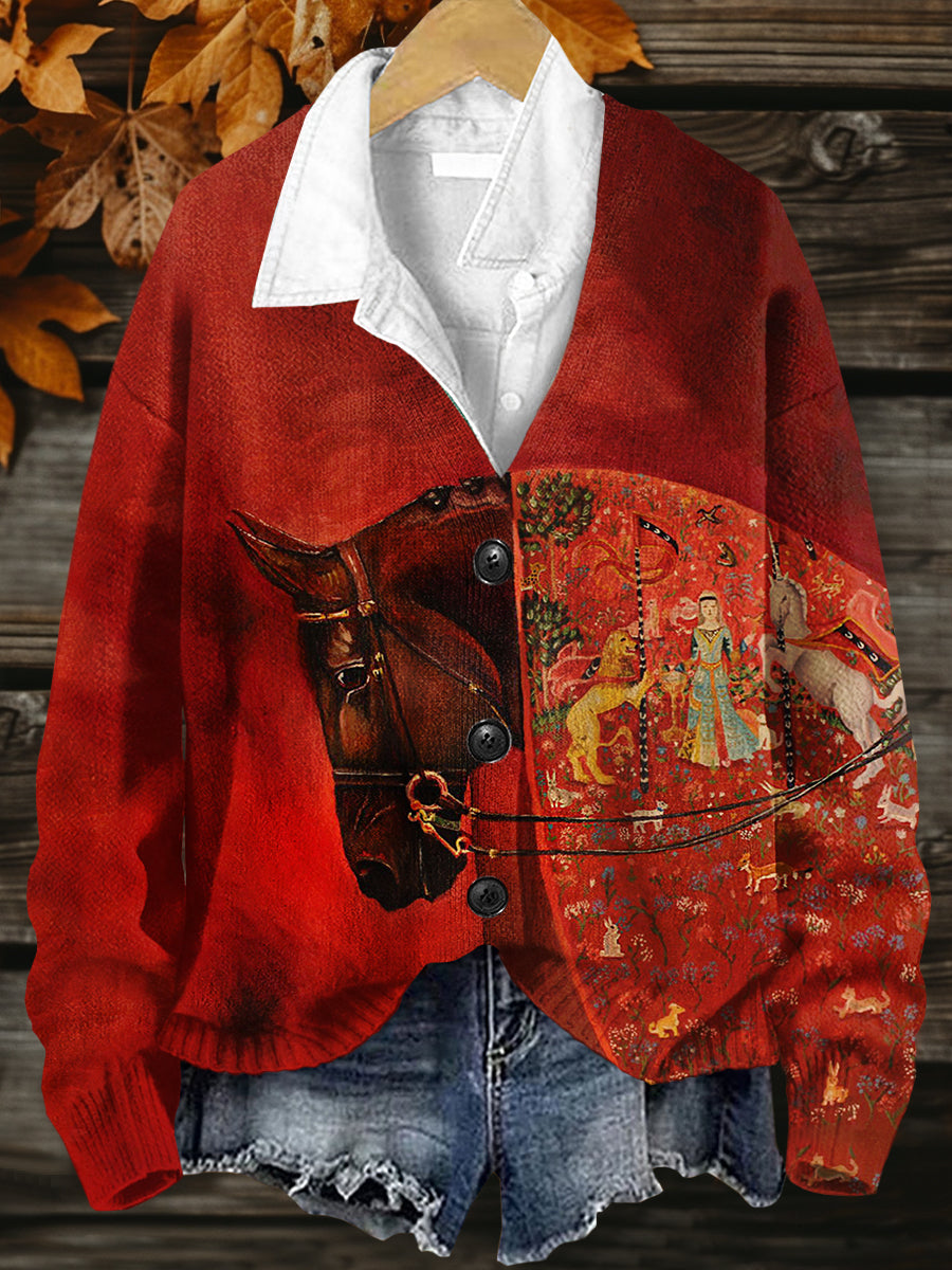 Horse Art Print Button V Neck Cardigan Sweater