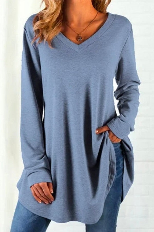 Solid Color V-neck Casual Long Sleeves Sweatshirt