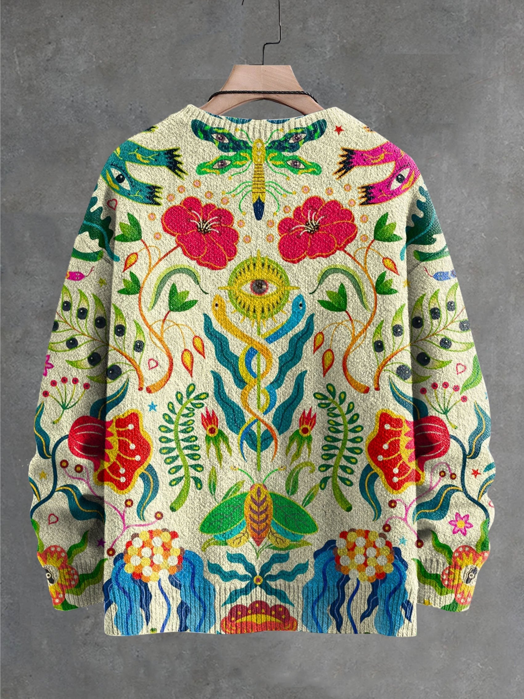 Retro Quirky Eyes Floral Print Knitted Pullover Sweater