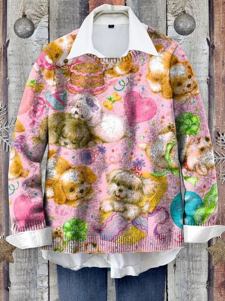 Cute Dog Art Print Knit Pullover Sweater