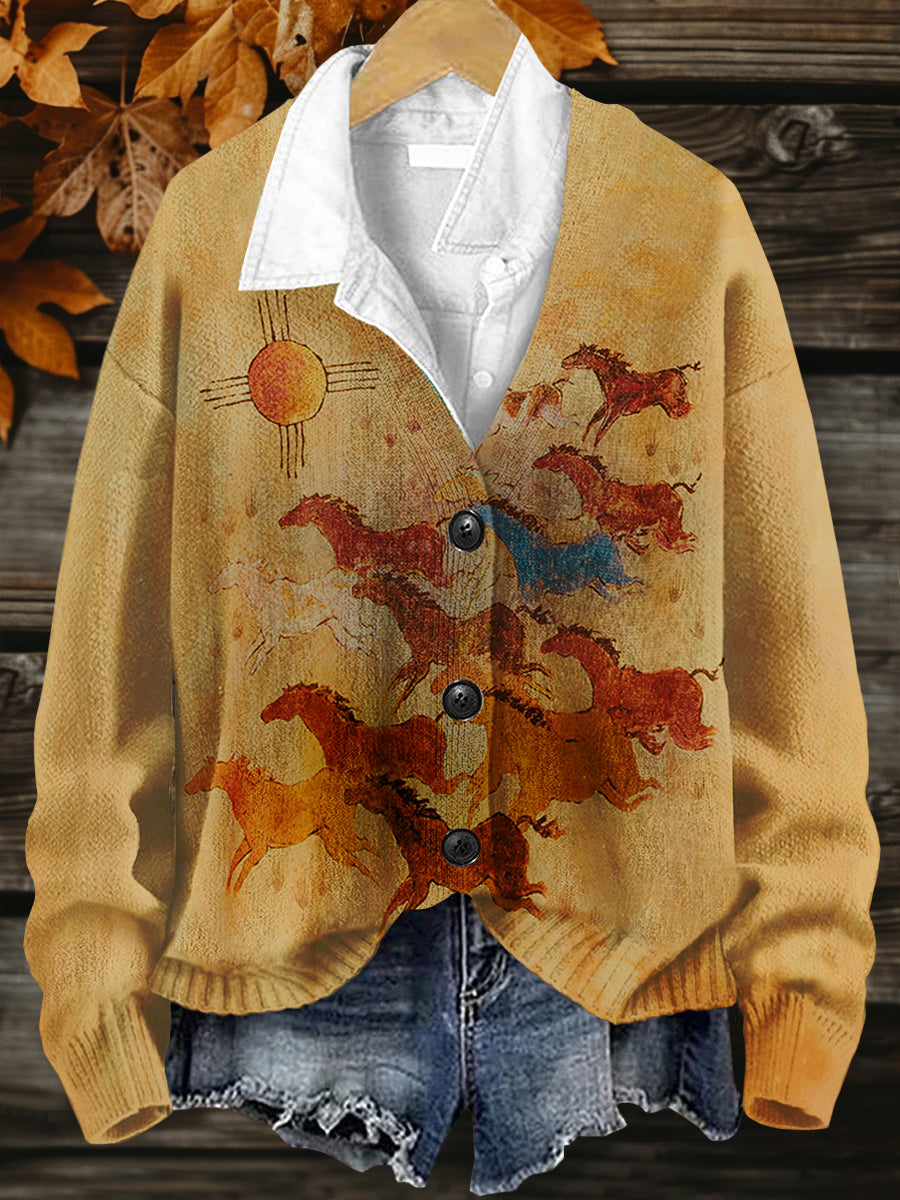 Horse Art Print Button V Neck Cardigan Sweater