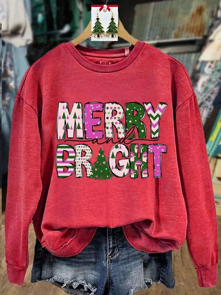 Merry And Bright Christmas Print Casual Sweatshirt
