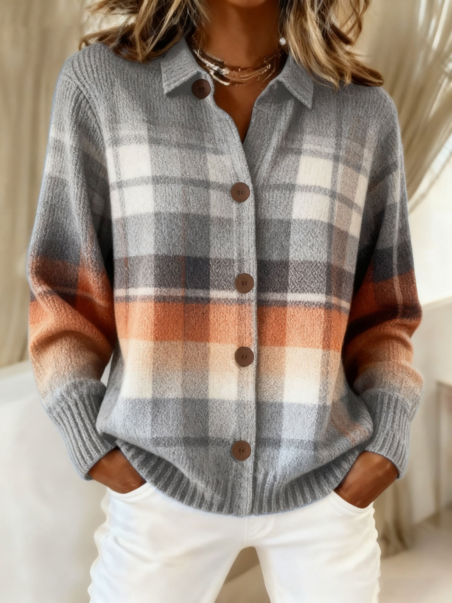 Women's Vintage Plaid Art Print Casual Sweater