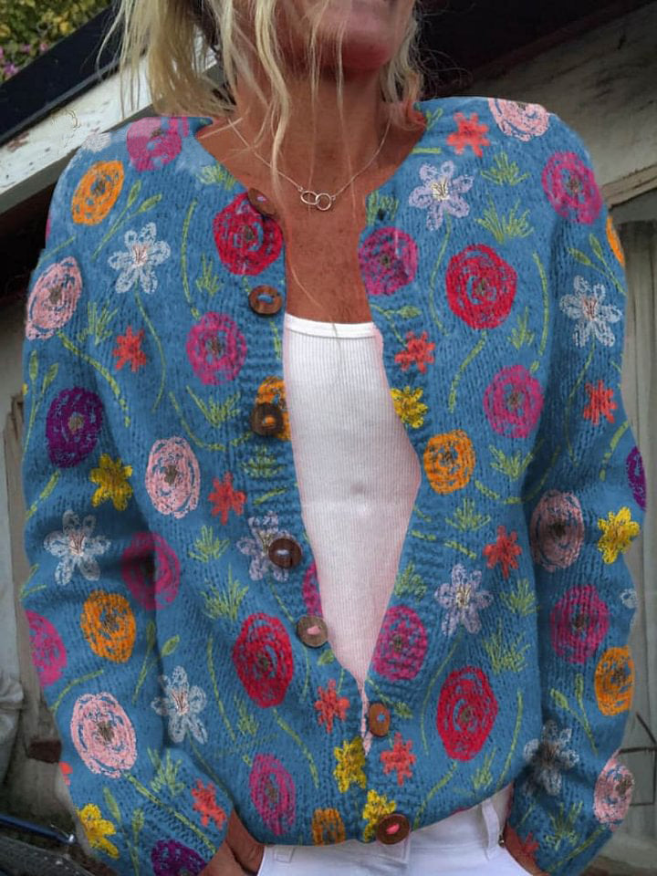 Flowers Decorative Pattern Buttoned Cardigan Sweater