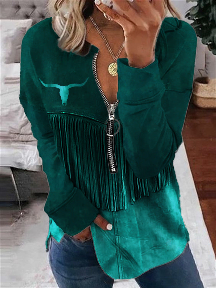 Green tassel cow print round neck half zip long sleeved sweatshirt