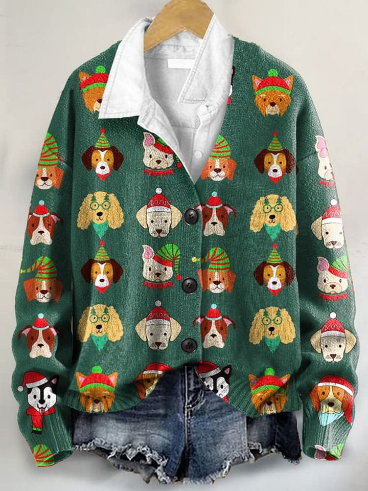 Christmas Cute Dog Art Print Buttoned V-neck Cardigan Sweater