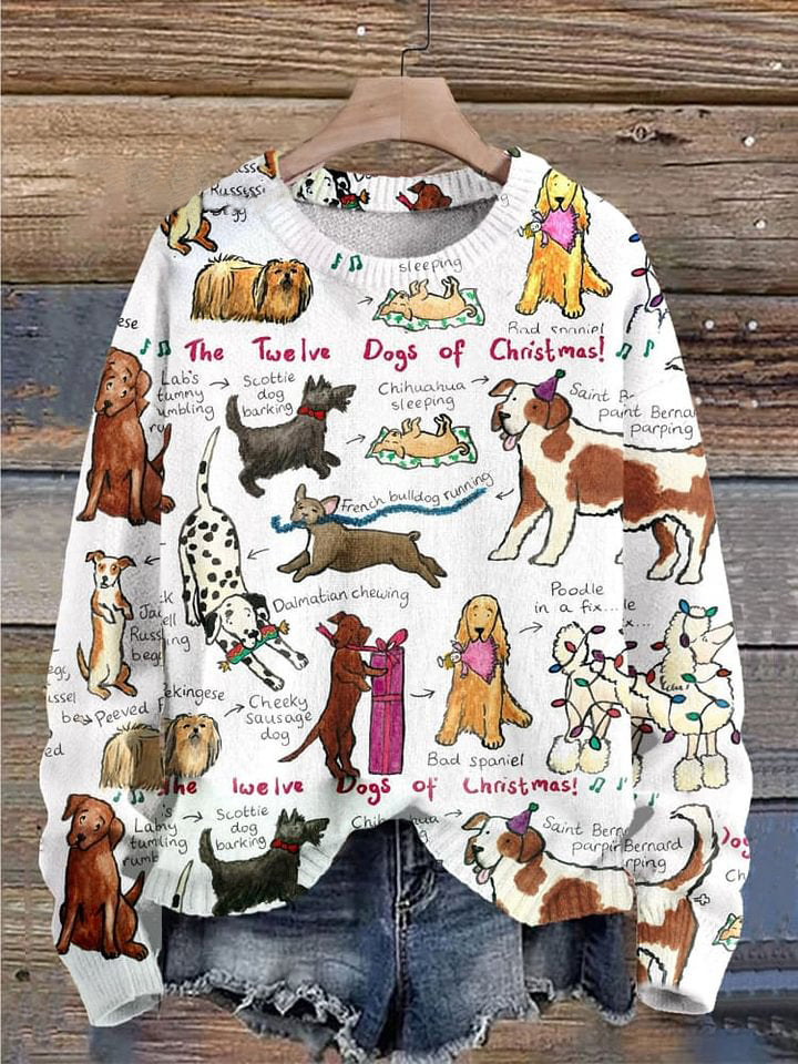 The Twelve Dogs Of Christmas Funny Dogs Christmas Print Knit Pullover Sweater