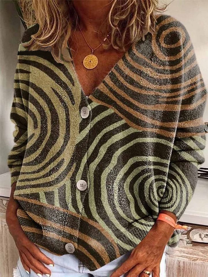 Women's V Neck Abstract Geometric Print Long Sleeve Button Casual Cardigan