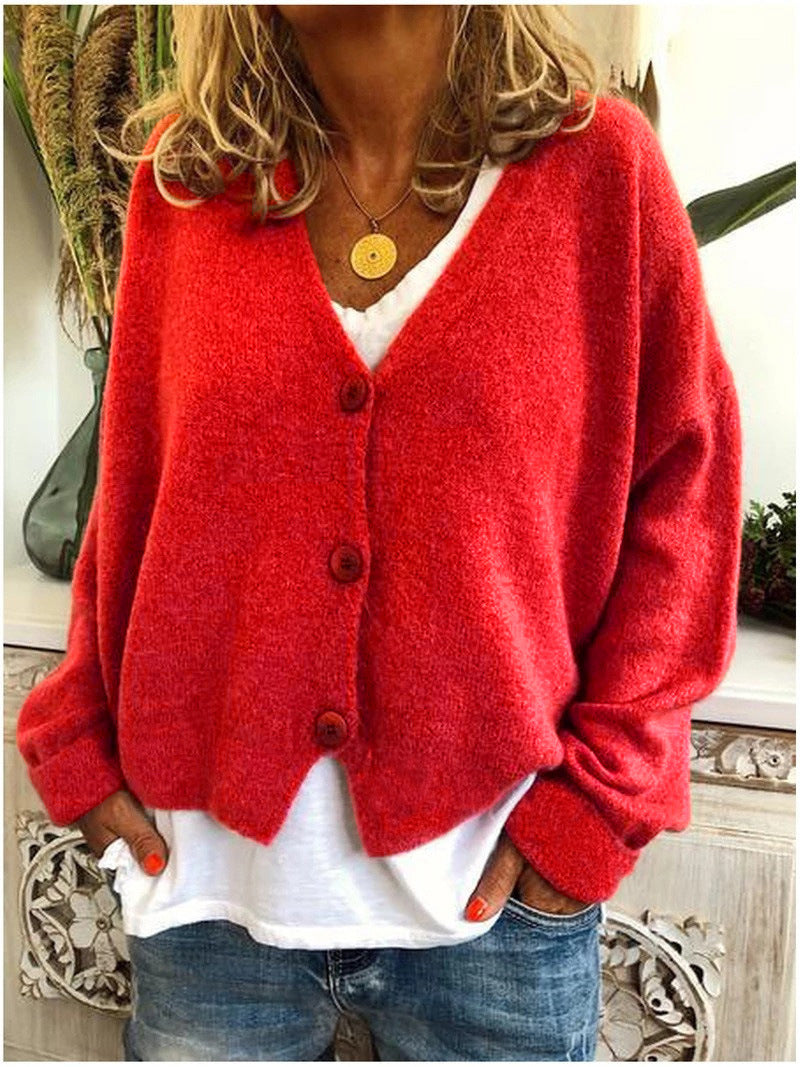 Women's Solid Color Buttoned Casual Cardigan Sweater